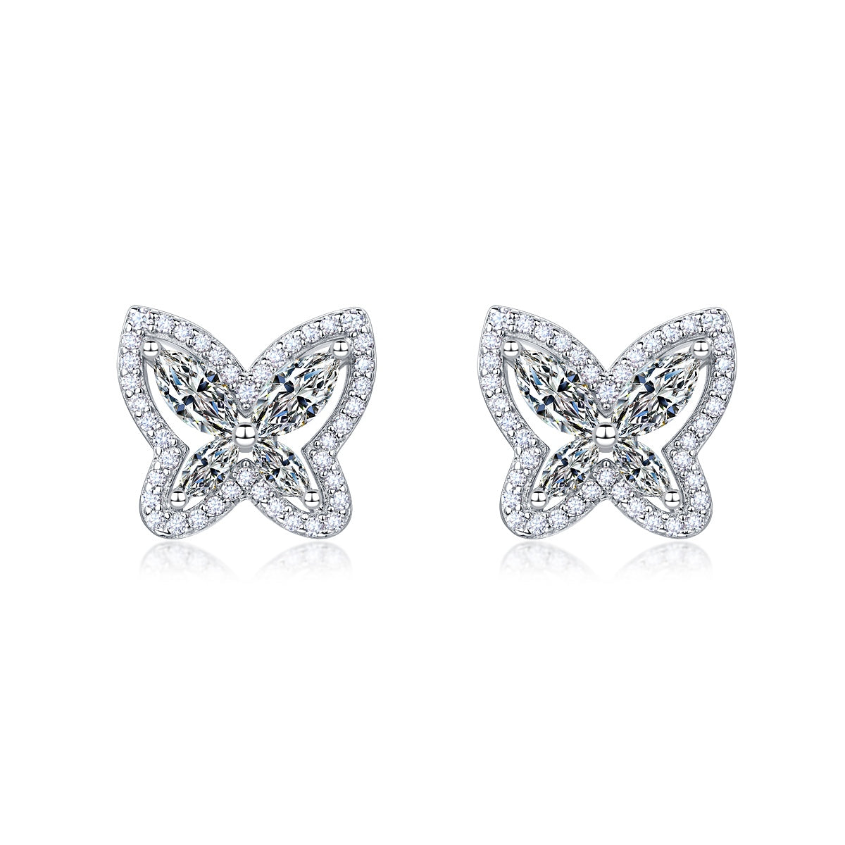 S925 Sterling Silver Butterfly Stud Earrings, D-VVS1 Moissanite Marquise Cut, Platinum Plated 3.3g Women's Jewelry Gift Box