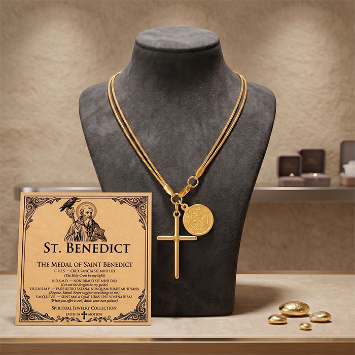 St Benedict Medal Cross Necklace For Women Men, 18K Gold Plated Stainless Steel Snake Chain, Religious San Benito Coin Protection Jewelry Gift