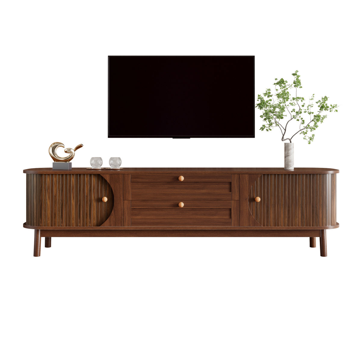 Modern TV Cabinet In Wood Look With Drawers And Storage Compartments, Rounded Corners, Sturdy Wooden Legs, TV Cabinet With Storage Space For The Living Room