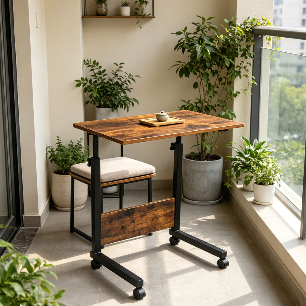 Adjustable Tray Table Rolling Sofa Side Snack Table With Wheels Portable C-Shape Dinner Tray Tables Mobile Wooden Laptop Desk Beside Couch Bed