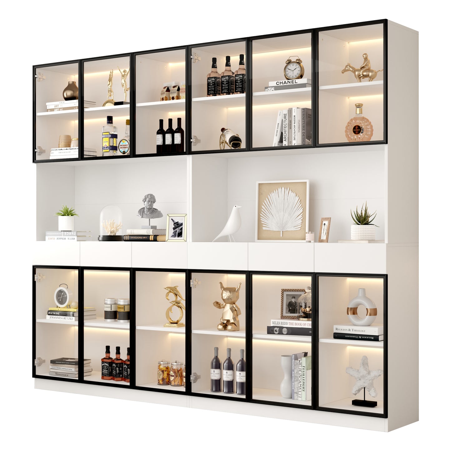 Glass Cabinet Door 200cm Tall White Display Cabinet With LED Lights, Multi Storage Bookcase For Collection Bedroom Living Room Office, White - Black Door Frame