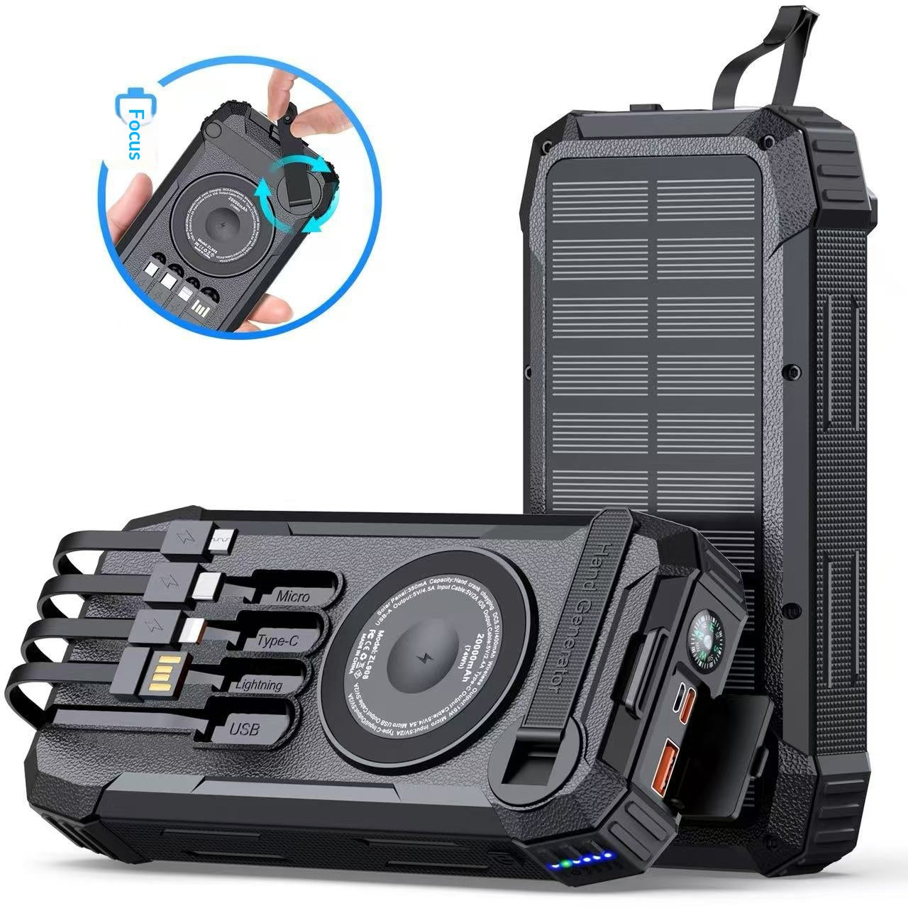 Solar-powered Power Bank With Four Built-in Outdoor Charging Cables