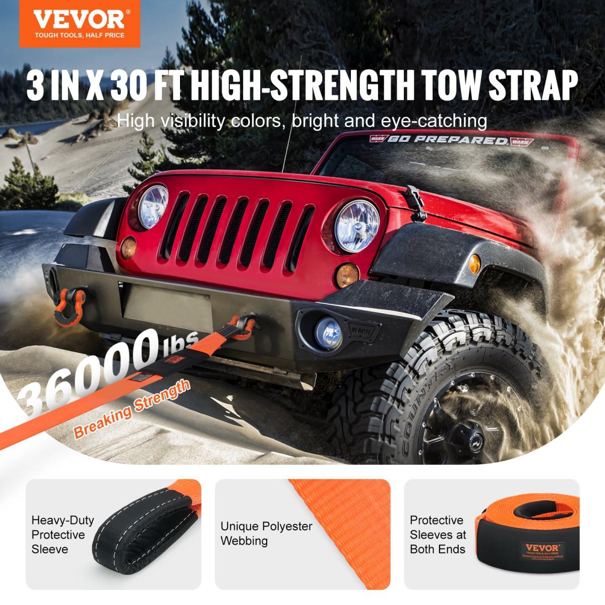 Heavy Duty Tow Strap Recovery Kit 3" X 30 Ft (MBS-36,000 Lbs) Tree Saver Winch Strap, Triple Reinforced Loop & Protective Sleeves & Storage Bag , 3/4" D-Ring Shackles, For Truck Jeep SUV ATV