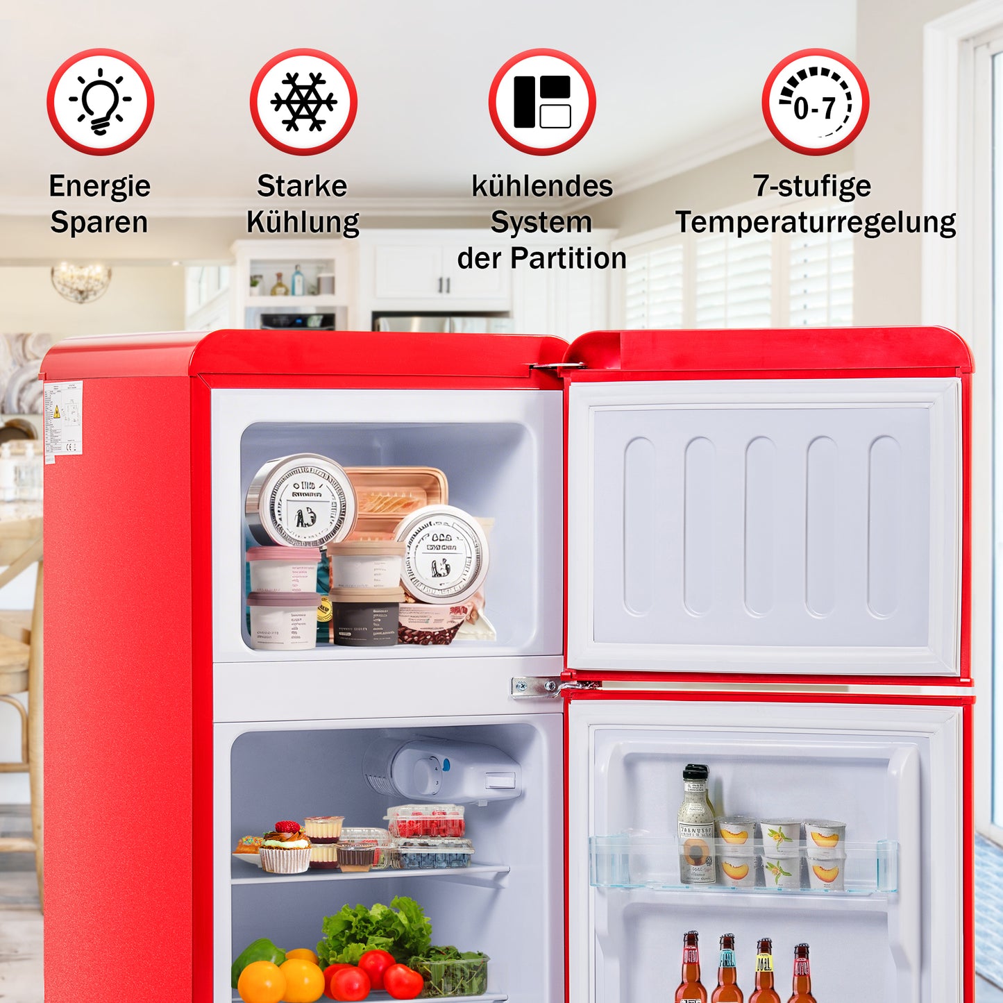 Retro Fridge. Freezer Combination. 88.8 Cm High, 45.5 Cm Wide, Two-door, With A Total Volume Of 60 Litres, A Freezer Volume Of 22 Litres. 102 KWh Year, -27 C  13 C, LED Light. Premium Red Energy Clas