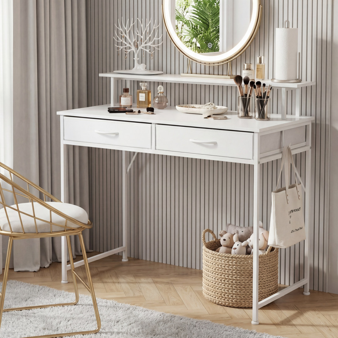 Computer Desk Small Home Office Bedroom Writing Study PC Table With Storage Space Fabric Side Bag Headphone Hook Metal Frame Adjustable