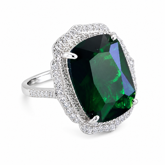 Emerald Cut Large Green CZ Double Halo Cocktail Ring For Women, Copper Plated Silver Pave White Crystal Vintage Wedding Statement Jewelry Gift