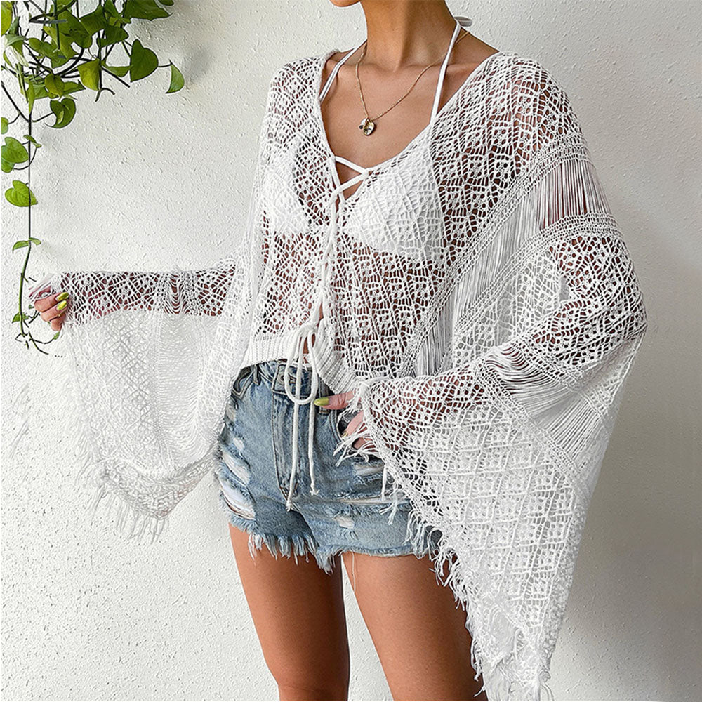 New Cross-Border Seashell Pattern Beach Cover Up, Fringe Flare Sleeve Sun Protection Shirt, Bikini Outerwear For European & American Market