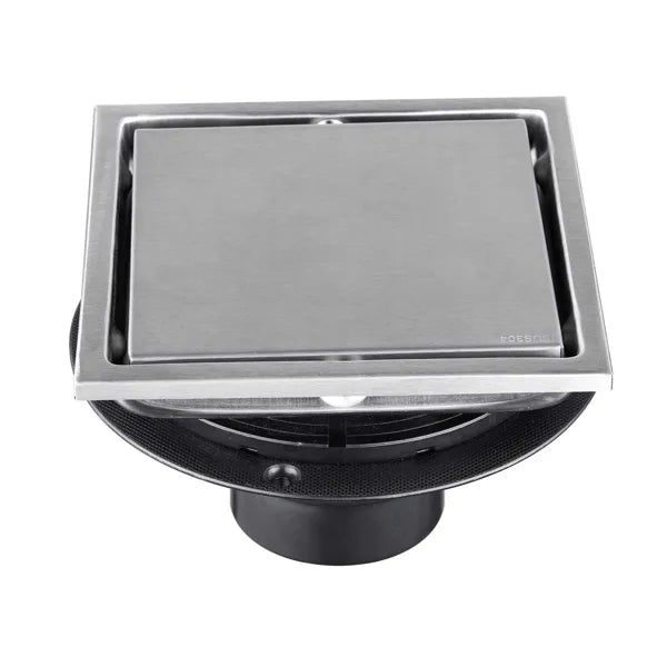 6 Inch Square Shower Drain With 2-in-1 Flat & Tile Insert Removable Cover, 304 Stainless Steel With Flange And Hair Strainer, Brushed Nickel