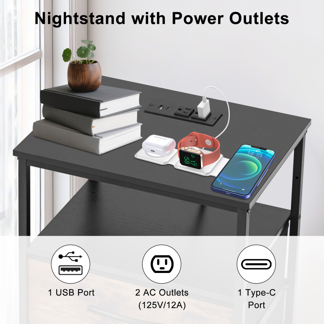 A Small Bedside Table With A Charging Station And Two Fabric Drawers, And A Side Bedside Table