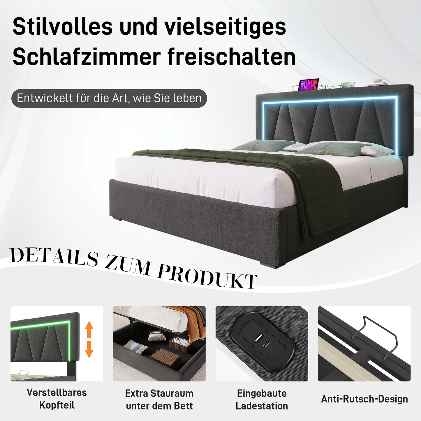 Upholstered Bed LED Double Bed With USB Type-C Charging Function And LED Lighting,Storage Beds Bed Frame Made Of Linen Material Youth Bed 140x200 With Slatted Base Without Mattress