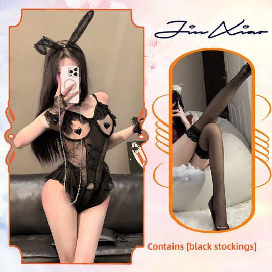 Women Lace Slim Fit Bodysuit Bunny Ear Decor Elegant Mesh Intimate Homewear Outfit