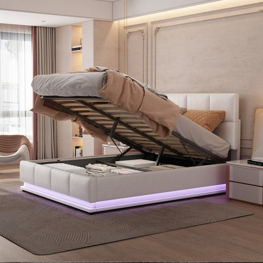 Upholstered Bed 140x200 Cm With LED Lighting & Hydraulically Liftable Bed Storage, Bed Box & Slatted Frame Covered In Faux Leather, Double Bed For Adults Or Teens, White