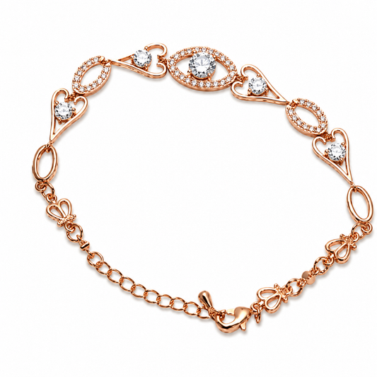 Rose Gold Heart & Oval Halo CZ Link Bracelet For Women, Copper Plated Silver Butterfly Decor Adjustable Extension Chain Dainty Wedding Party Crystal Jewelry Gift