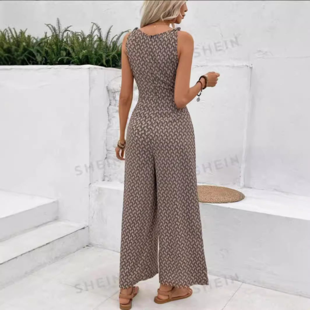 Womens Best-selling Waist-cinching Adjustable-lace-up Printed Jumpsuit