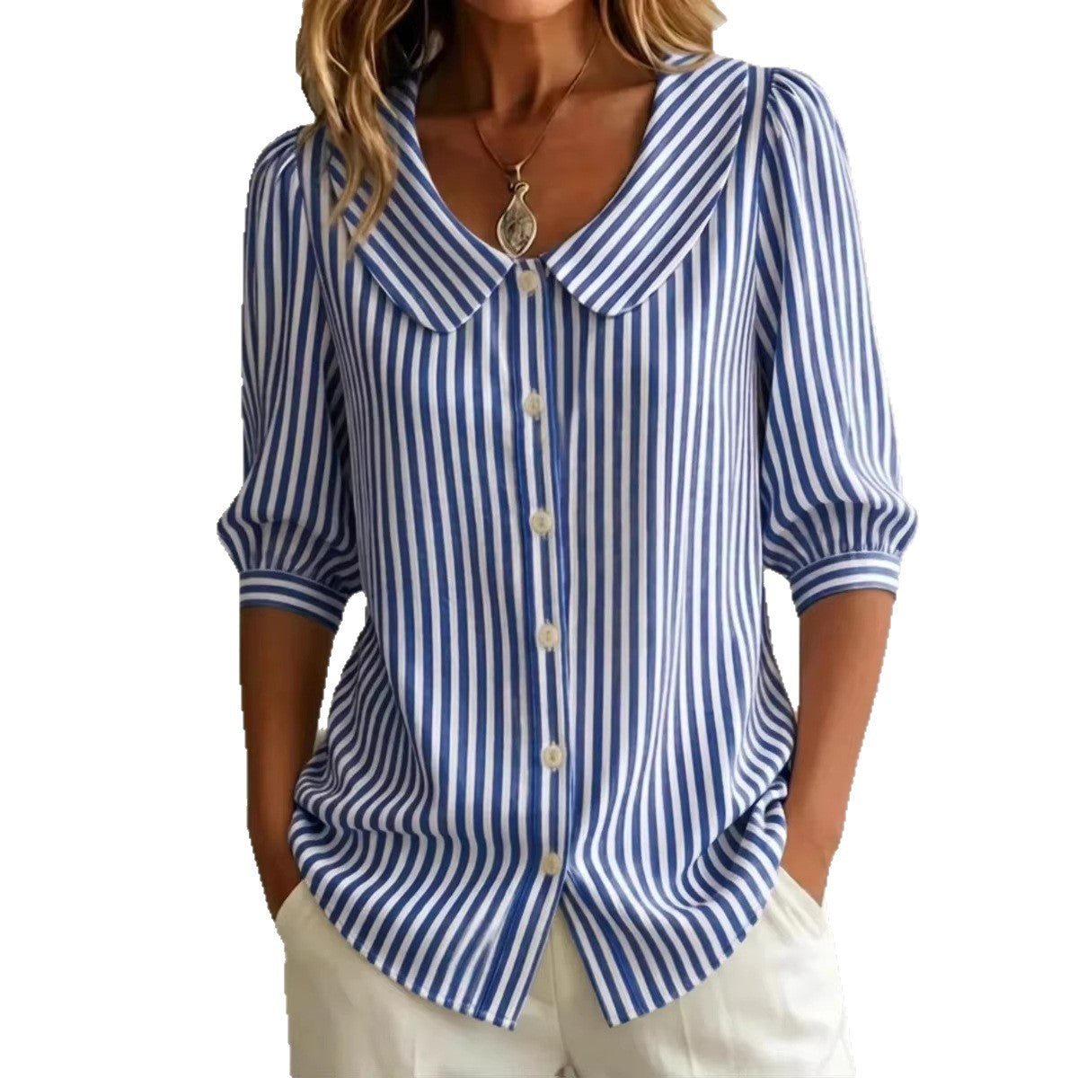 New Arrival Womens Loose-Fit V-Neck Striped Blouse For Commuting