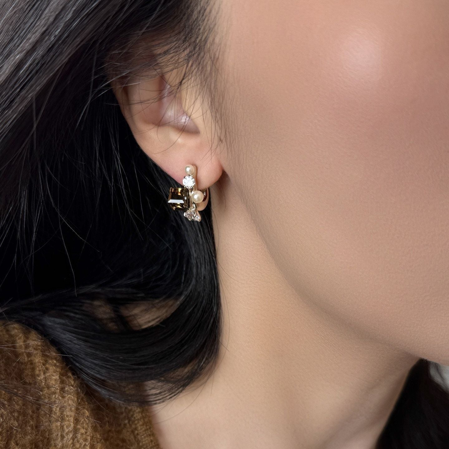 2026 New Maillard Coffee Color Rhinestone Pearl  Earrings, Super Beautiful Niche Elegant Autumn Winter Fashion Stud Jewelry For Women
