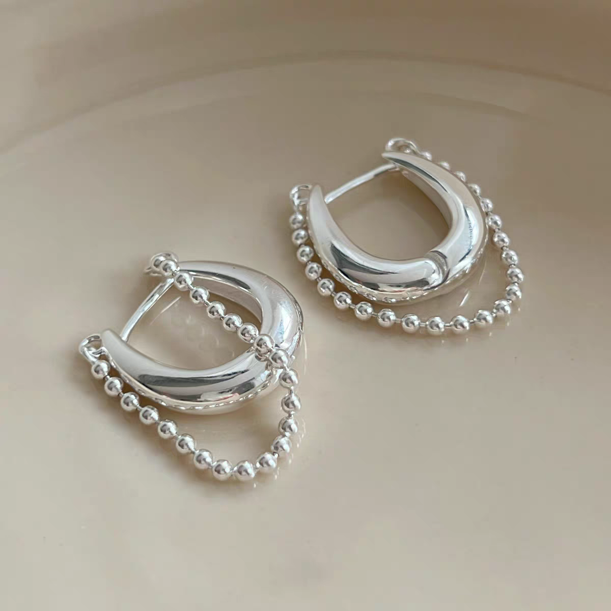 1 Pair 999 Sterling Silver Beaded Chain Hoop Earrings, Minimalist Style, Perfect For Daily Wear And Valentine's Gift
