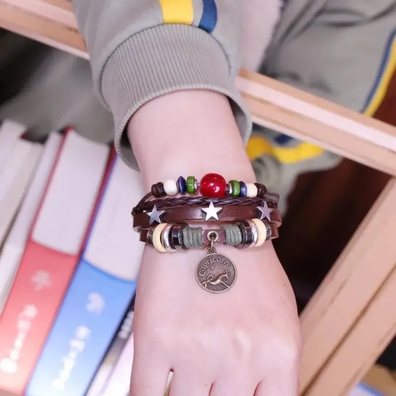 1pcs Multi-Layer Braided Leather Wooden Bead Star Zodiac Charm Adjustable Bracelet, Retro Boho Ethnic Style, For Men Women Daily Campus Travel & Constellation Holiday Gifts