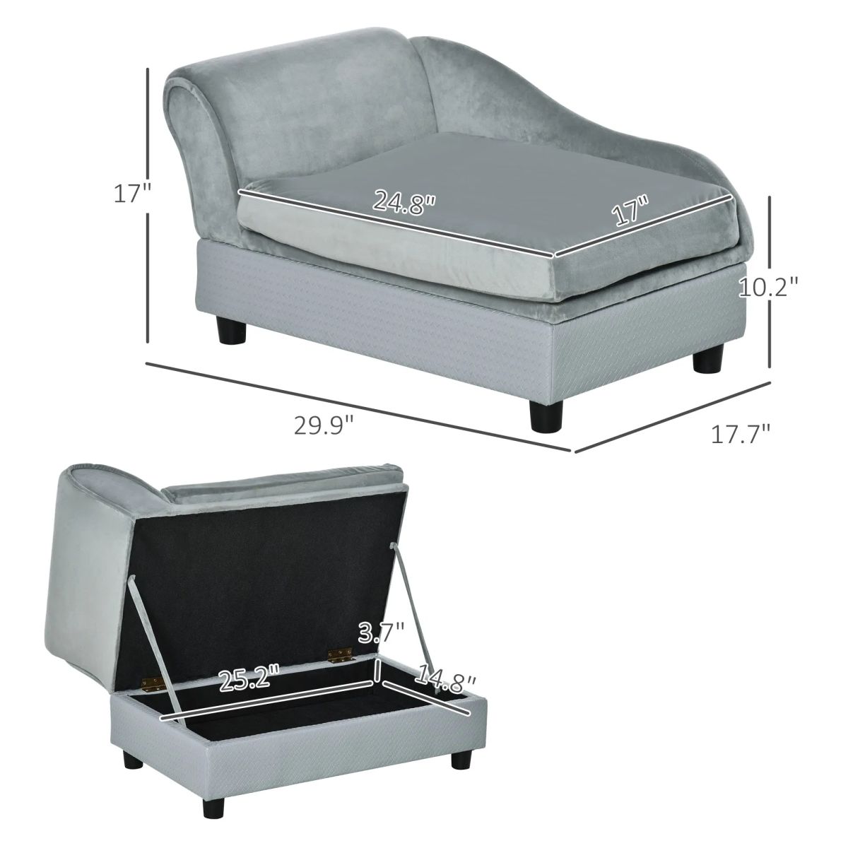 Luxury Dog Bed For Small Dogs, Hidden Storage, Soft Foam Couch, Modern Pet Furniture, Grey