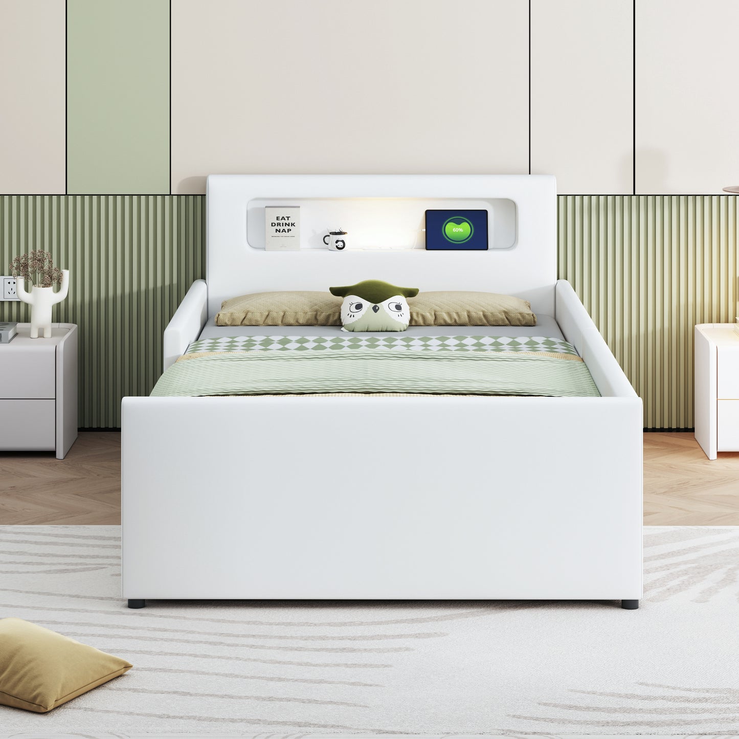 Upholstered Bed Children's Bed 90X200 Cm, With Night Light And USB Charging Port, With Storage Compartments, Raised Side Panels For Safety, Simple Single Bed, Boy And Girl Bed, Faux Leather Fabric, Wh