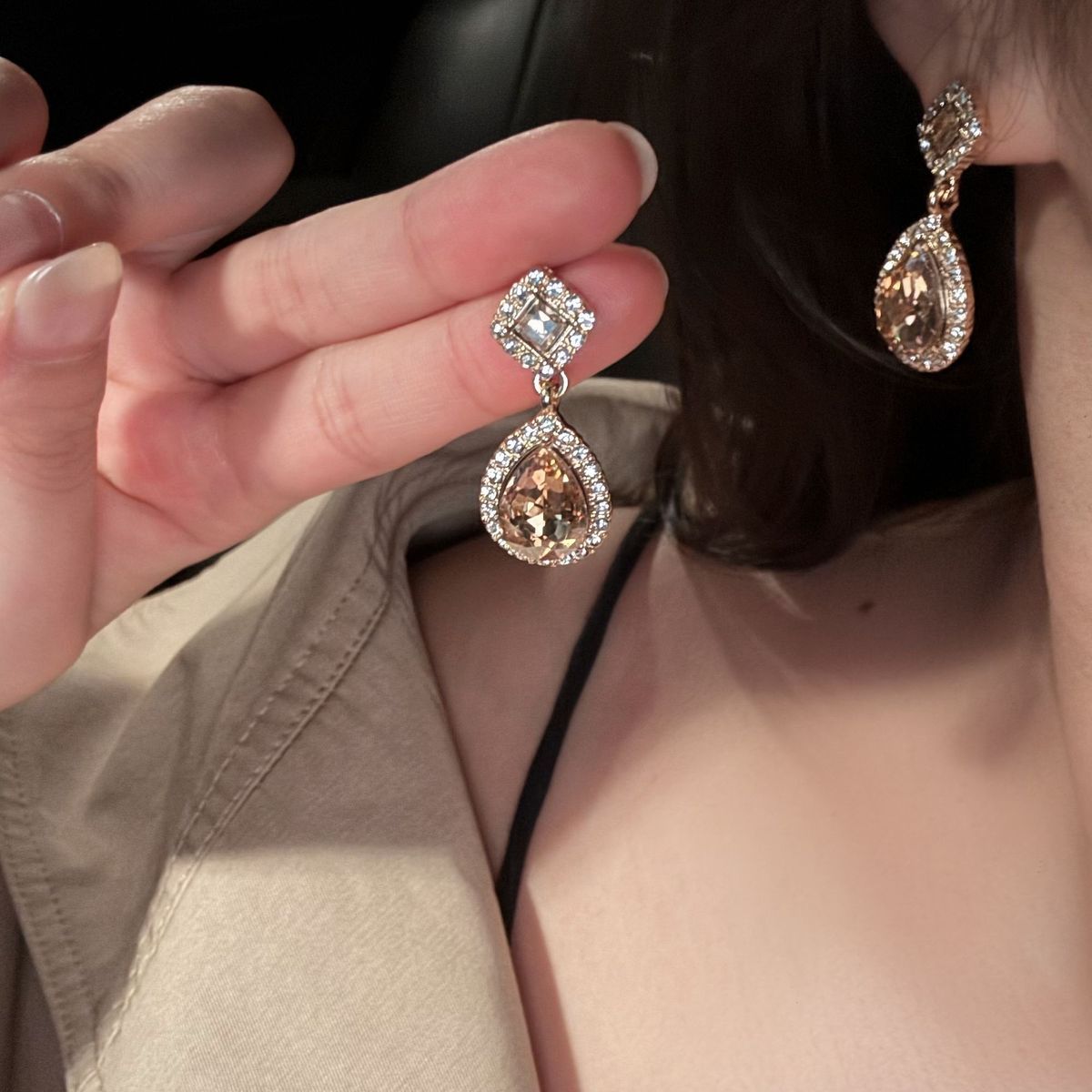 S925 Silver Super Sparkling Paved Rhinestone Teardrop Earrings For Women, Korean Personalized Versatile Drop Earrings, European American Exaggerated Stud & Clip On Ear Jewelry
