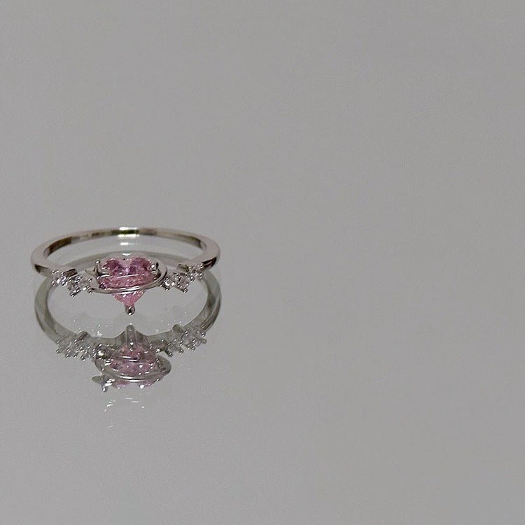 Korean-style Chic And Sweet Pink Diamond Heart Ring