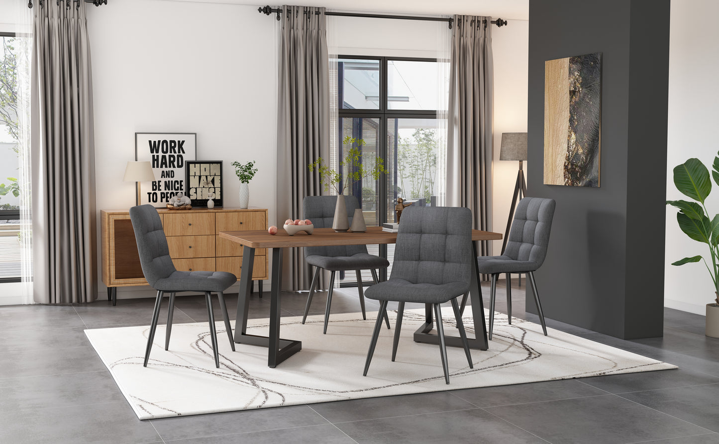 117x68cm Dining Table,  1pcs , Metal Frame Rectangular Dining Table, Wood Grain Kitchen Table With Metal Legs For Dining Room Living Room, Black  Walnut Color