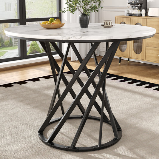 Round Dining Table  80x80x76cm , Kitchen Table, Round Coffee Table For 4, Suitable For Dining Room, Living Room, Metal Table Legs, MDF Marbled Table Top, Black Table Legs