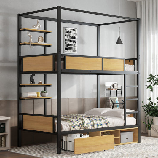 Bunk Bed, Iron Bed, Iron  MDF, Double Shelf On The Side Of The Bed, Storage Space Under The Bed, Bed Curtain Can Be Attached To The Upper Bed, Black  Natural, 90x200cm