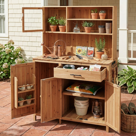 With Assembly Video  TOPAMx Potting Bench With Hutch 65  H Solid Fir Wood Garden Workstation  Large Countertop  Patio Kitchen Island With Adjustable Shelves  Spice Rack  Side Hook And Drawer  Natural