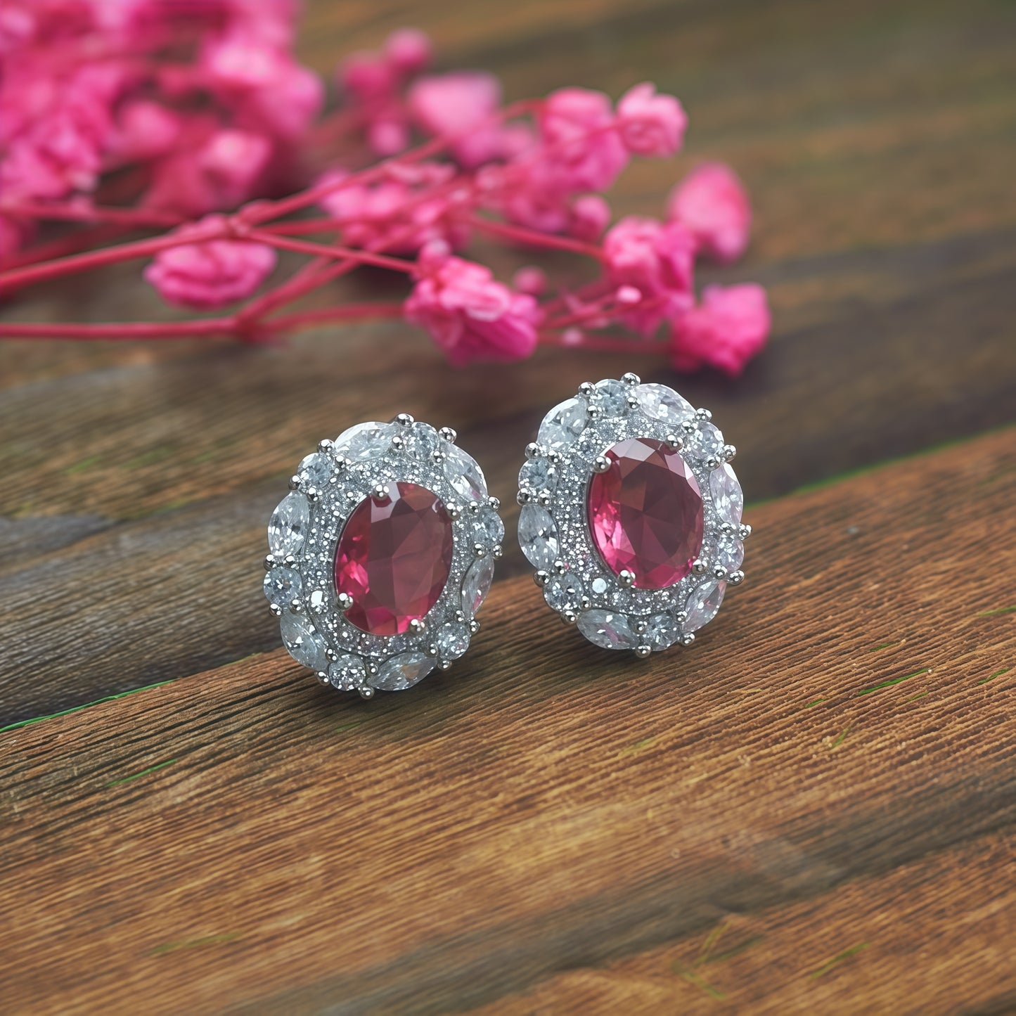 Oval Cut Hot  Ruby CZ Double Halo Stud Earrings For Women, Copper Silver Plated Pear & Round White Crystal Vintage Bridal Wedding Statement Jewelry Gift
