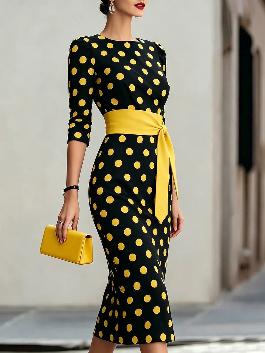 Women Elegant Black White Polka Dot Midi Dress With Waist Belt Three-Quarter Sleeve O Neck Pencil Bodycon Formal Work Office Party Dress