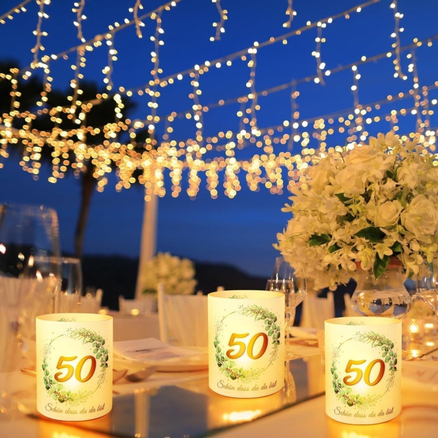 12-Piece Set Of Table Lanterns For Golden Wedding Anniversary, 50th Anniversary, Husband And Wife Table Decor, Green Eucalyptus, “So Glad You’re Here” Gold Wedding Anniversary Party Decor For Candles