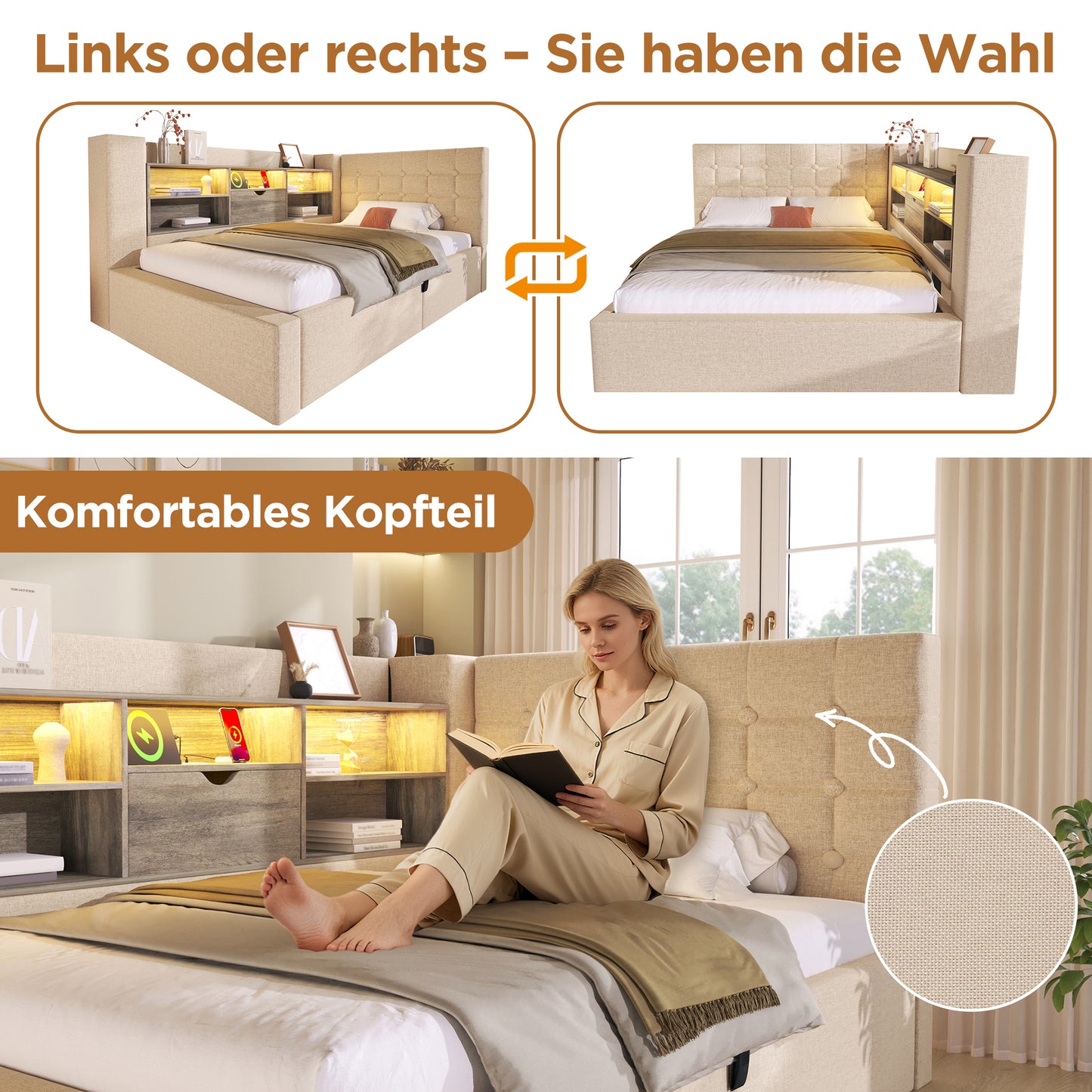 Upholstered Bed 90x190 Cm Single Bed With LED Lighting, Hydraulic Storage, L-shaped Headboard With Storage, Can Be Mounted On Both Sides, Slatted Base, Linen Fabric, Beige  Without Mattress