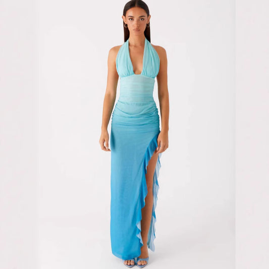 Body-hugging Halter-neck Sexy V-neck Dress With Ruffled Hem And Side Slit