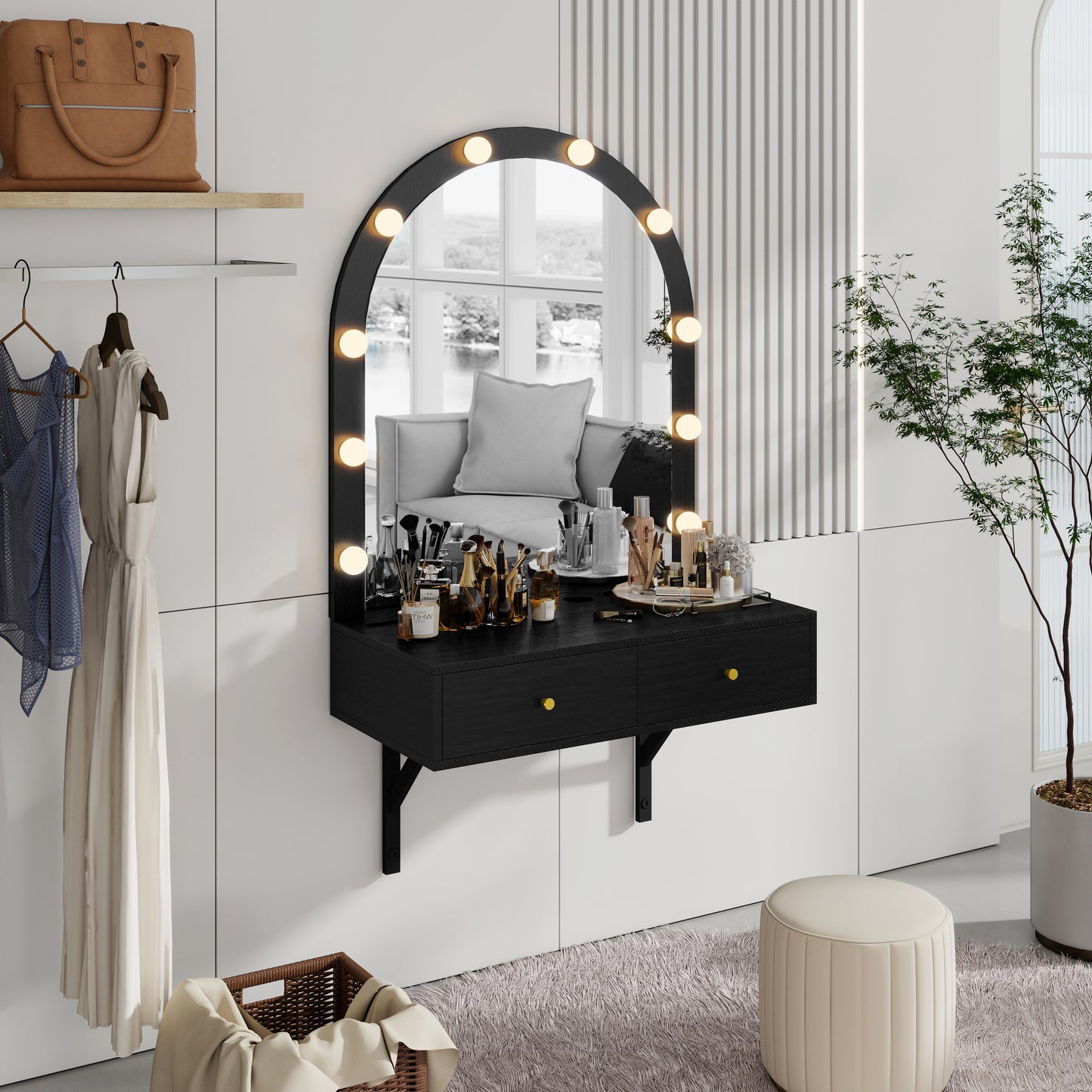 Floating Wall Mounted Makeup Vanity Desk With LED Mirror 3 Color Lights, Compact Dressing Table With Power Outlet & USB Charging, Space Saving Large Storage Vanity For Bedroom Bathroom, Black