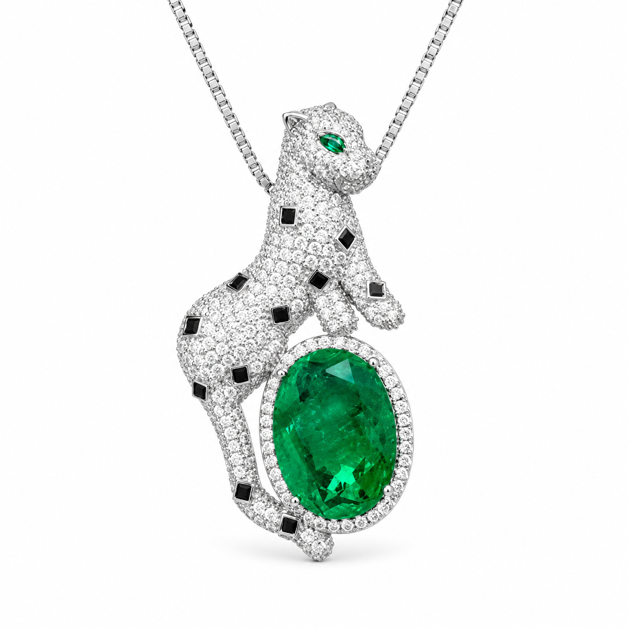 Luxury Leopard Pendant Necklace For Women, Copper Plated Silver Oval Simulated Emerald With White & Black CZ Panther Animal Statement Jewelry Gift