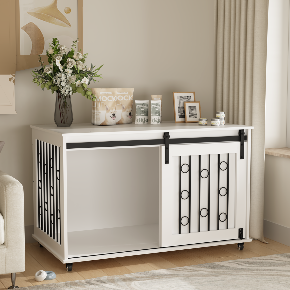 39.37 Modern Wooden Dog Crate Furniture With Sliding Barn Door And Side Door, Indoor Dog Kennel End Table For Small To Medium Dogs, Decorative Pet Crate With Metal Bars And Lockable Wheels  White
