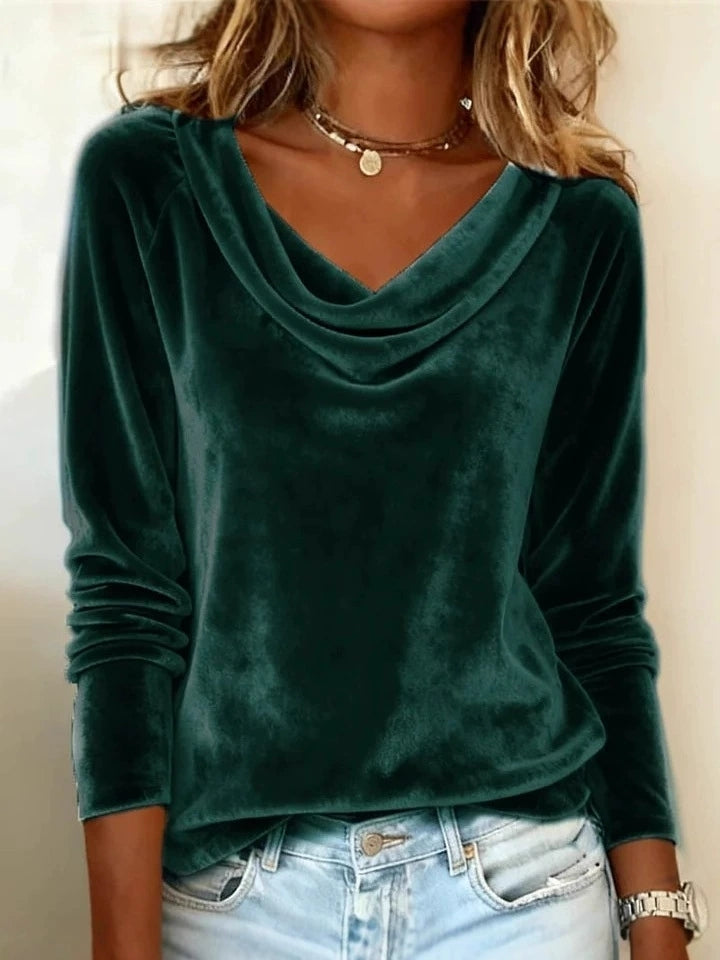 Fashion New Solid Color Cowl Neck Long Sleeve Sexy Velvet T-shirt