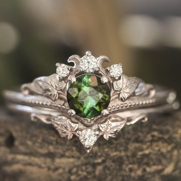 Silver Inlaid Green Zircon Branch Crown Couple Rings Female Accessories