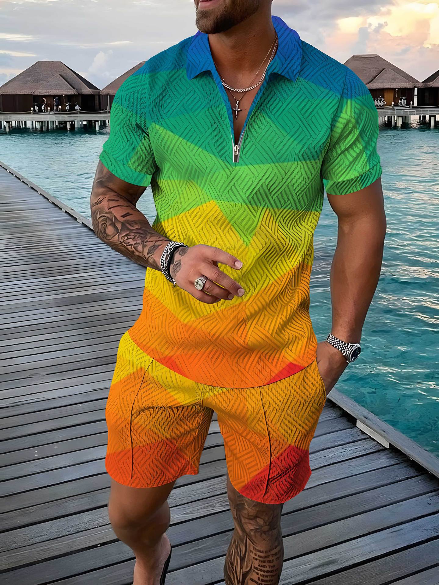 Fashion Zipper Polo Shirt Suit Men's Casual 3D Printed Polo Shirt Shorts