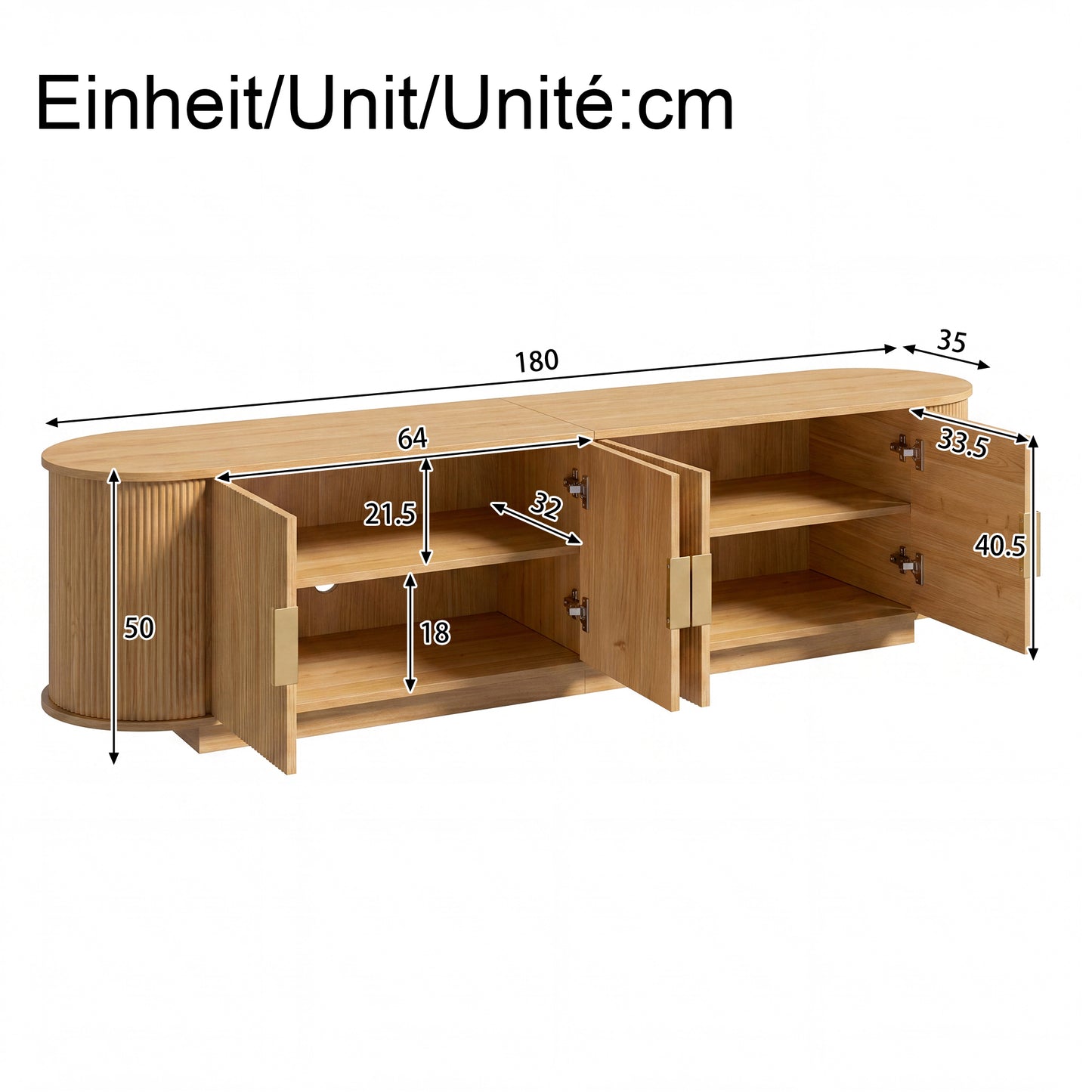 TV Cabinet, Lowboard, Wave Structure, Chipboard MDF Body, Metal Handles, 4 Doors, Spacious Storage Space