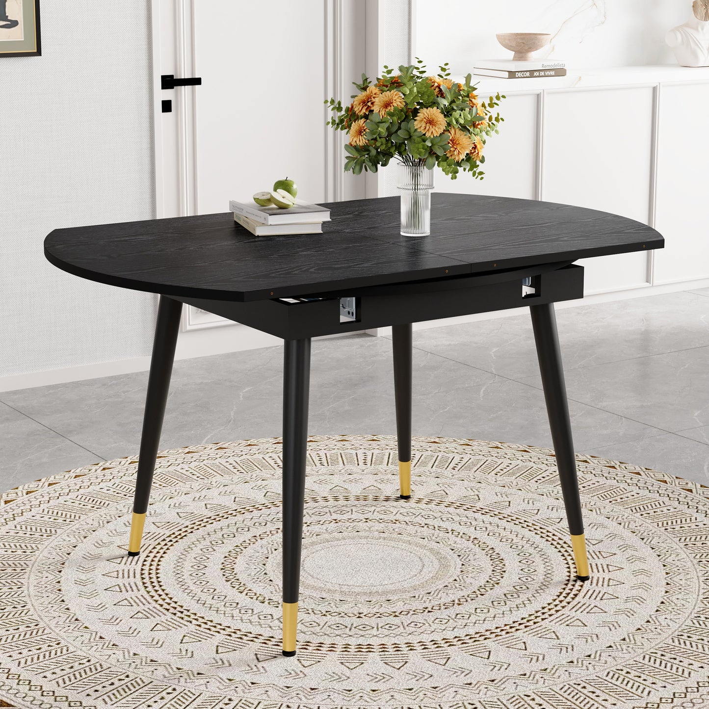 Modern Extendable Dining Table, Transforms From Round To Oval, MDF Top In Black Walnut With Gold Accents, Sturdy Metal Legs, Space-saving For Kitchen & Dining Room