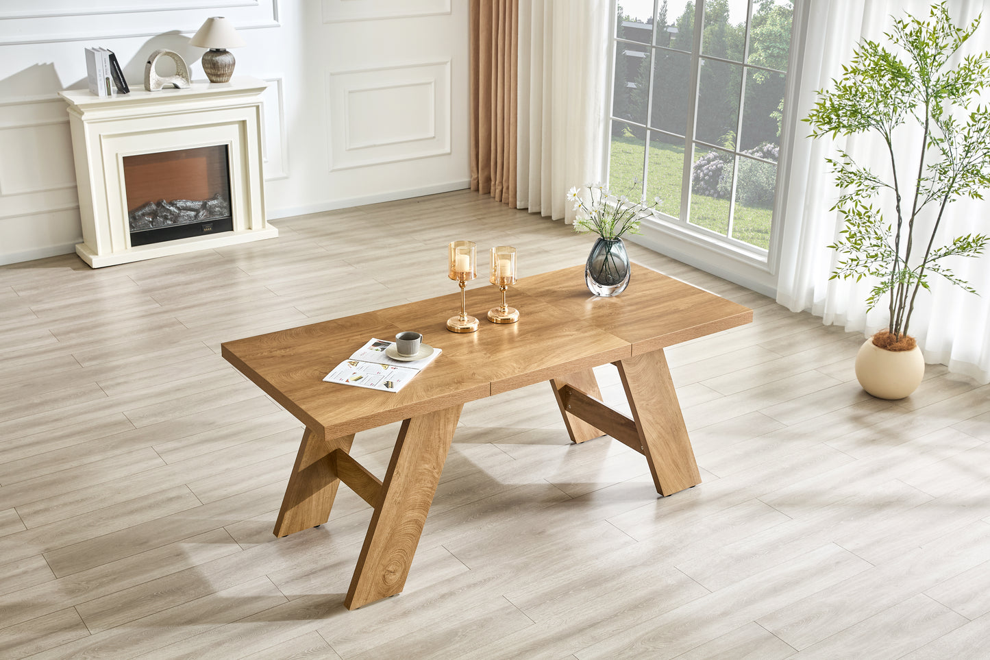 71x31.5inches Light Wood Grain MDF Splicing Rectangular Dining Table.Double-panel Outward-sloping Table Legs.Modern Dining Table For Home Use. Accommodates 6-8 People,versatile For Multiple Scenarios.