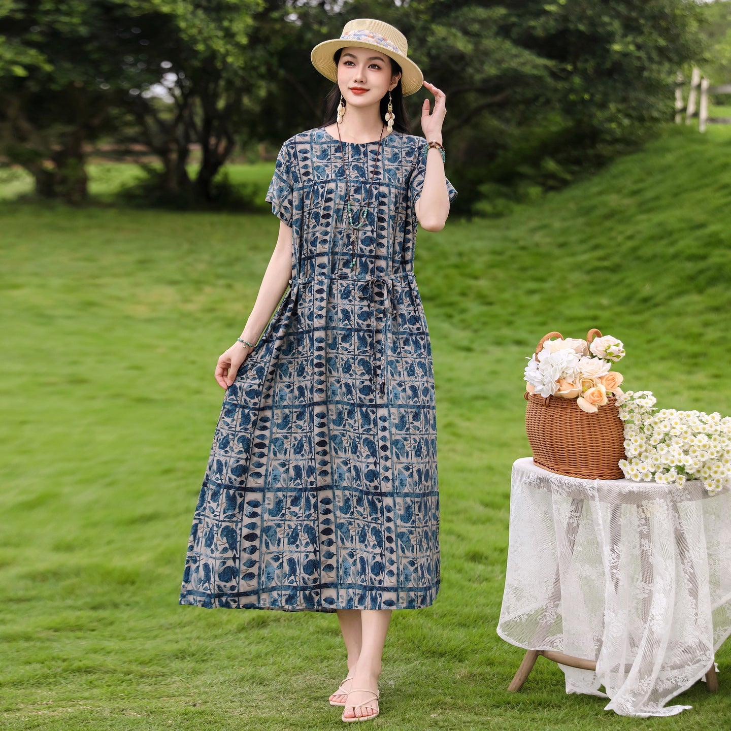 New Elegant Cotton Silk Dress For Middle Aged And Senior Women