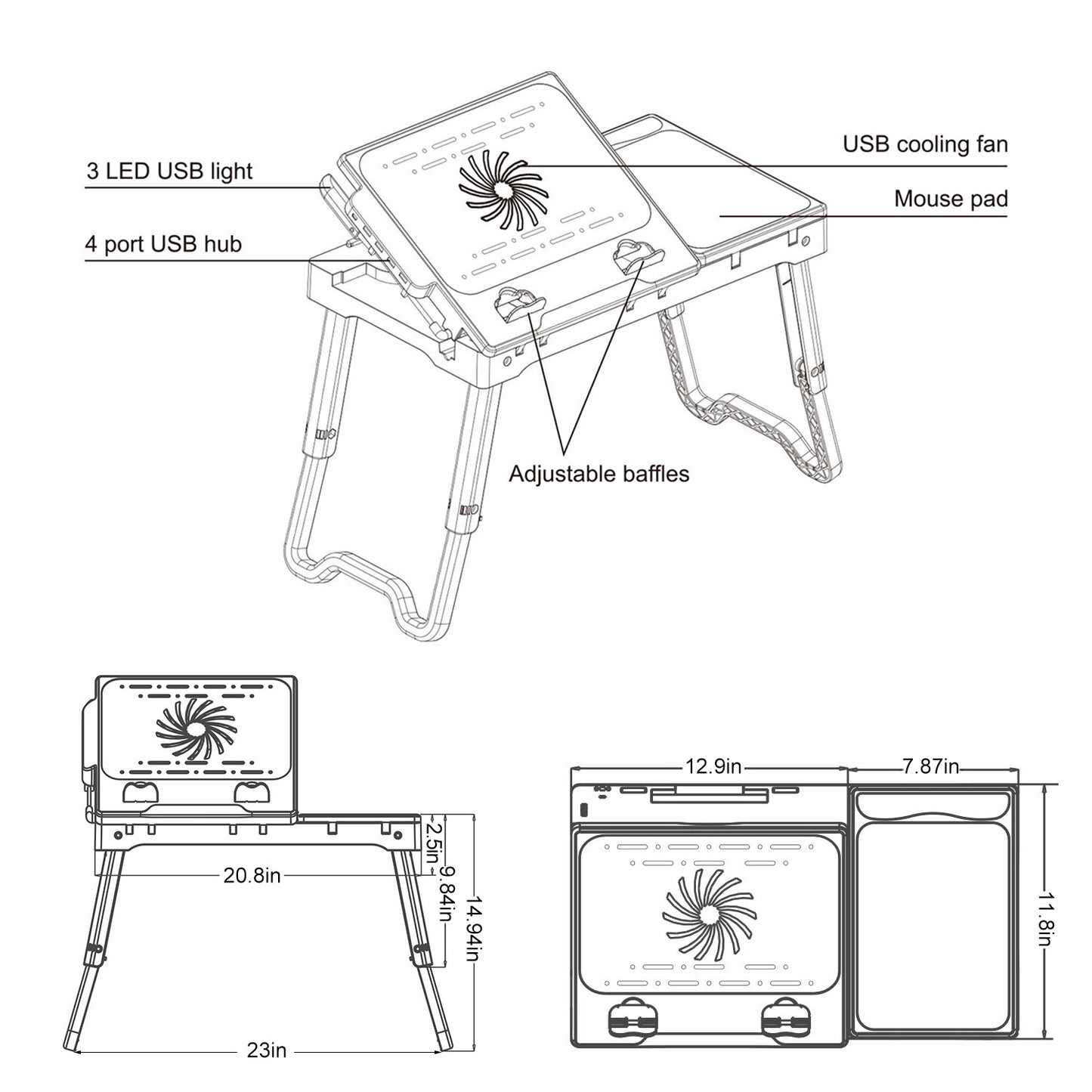 1Pc Foldable Laptop Table Bed Notebook Desk With Cooling Fan Mouse Board LED Light 4 USB Ports Breakfast Snacking Tray With Storage Groove For Home Office Use