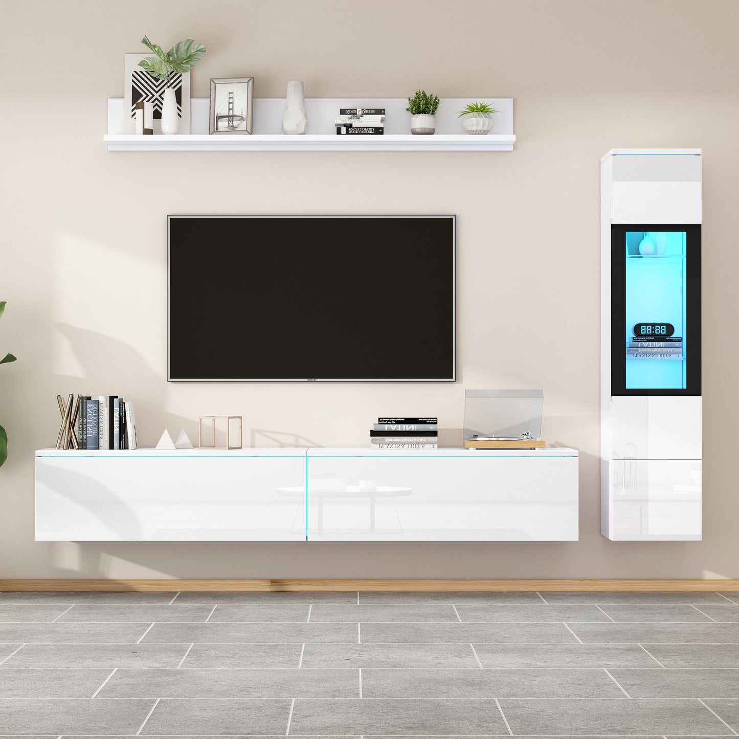3-piece TV Wall Unit Set With LED Lighting, High-gloss White Living Room Furniture Set1 X TV Cabinet, 1 X Display Cabinet, 1 X Wall Shelf