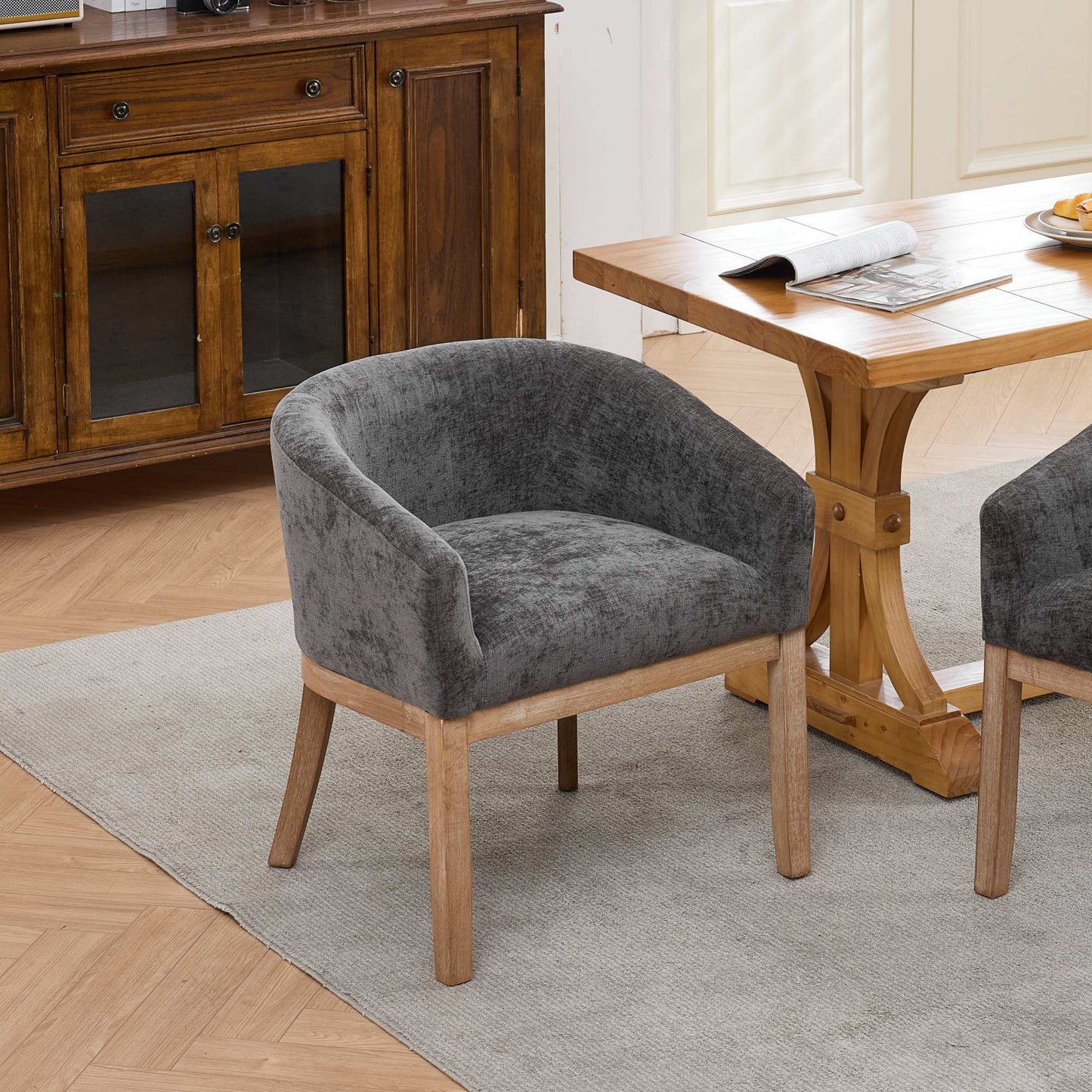 Mid Century Modern Upholstered Barrel Dining Chairs With Arms,Farmhouse Chenille Kitchen & Dining Room Chairs With Natural Hardwood Frame, 19  W Accent Chairs For Living Room,Single Pack,Gray,SW1891GY