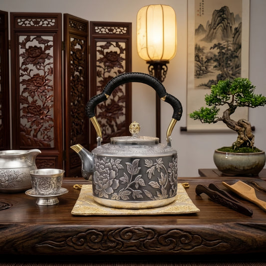 925 Sterling Silver Elegant Handcrafted Floral Embossed Stainless Steel Traditional Tea Kettle-Premium Oil Press Kettle - Handicraft