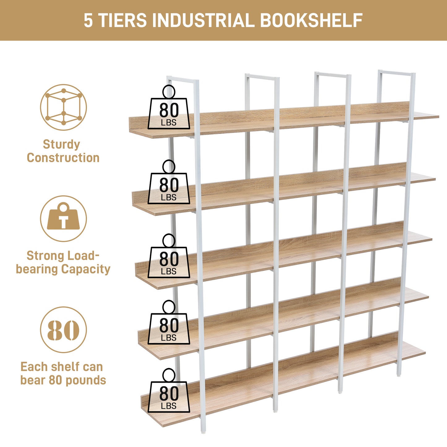 5 Tier Bookcase Home Office Open Bookshelf, Vintage Industrial Style Shelf, MDF Board, White Metal Frame, Oak  Old Sku WF300935AAC N725P247766C